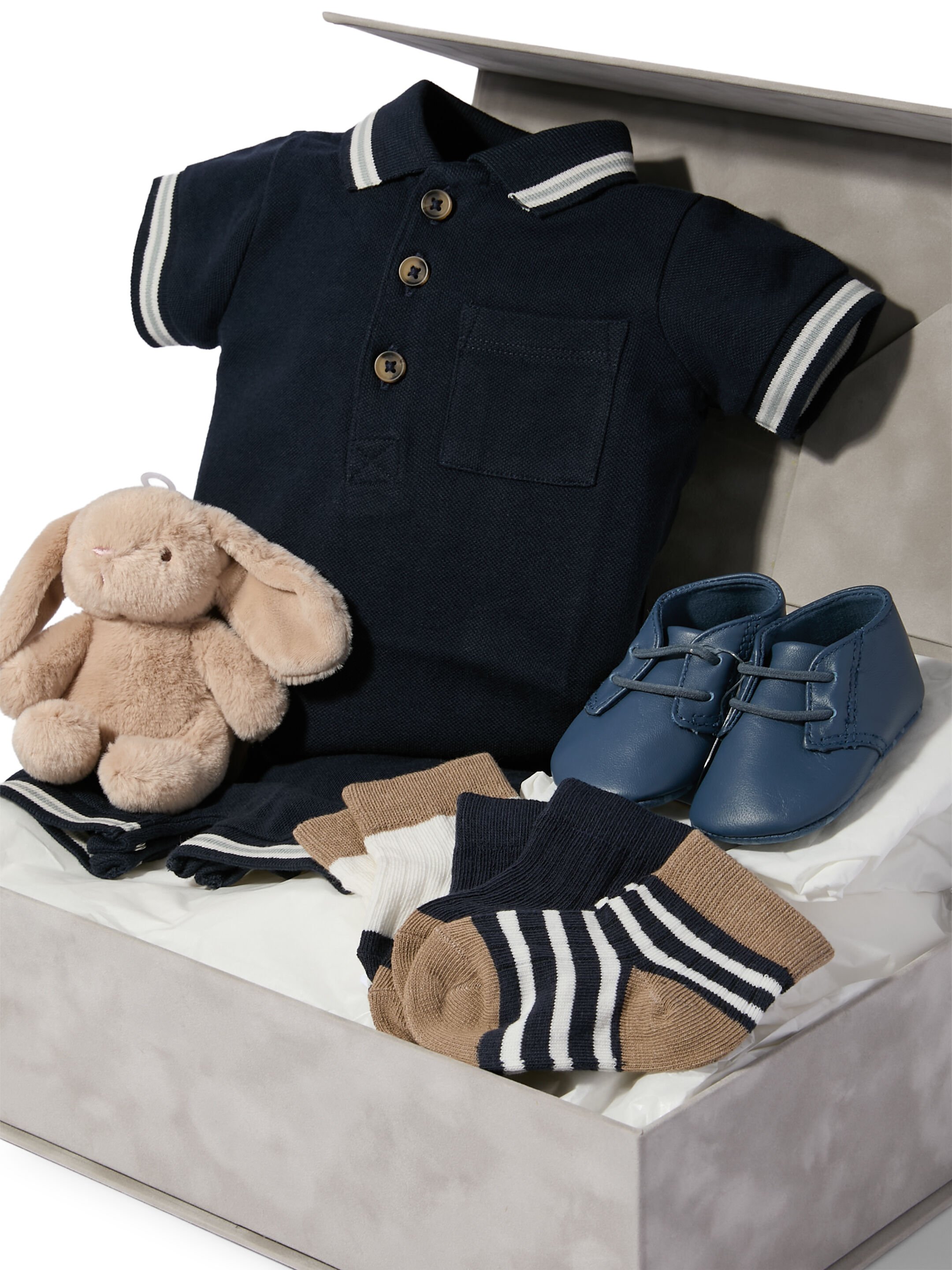 Polo Romper - 5 Piece Gift Set with Leather Pram Shoes and Soft Toy Tan Bunny Beanie image number 2